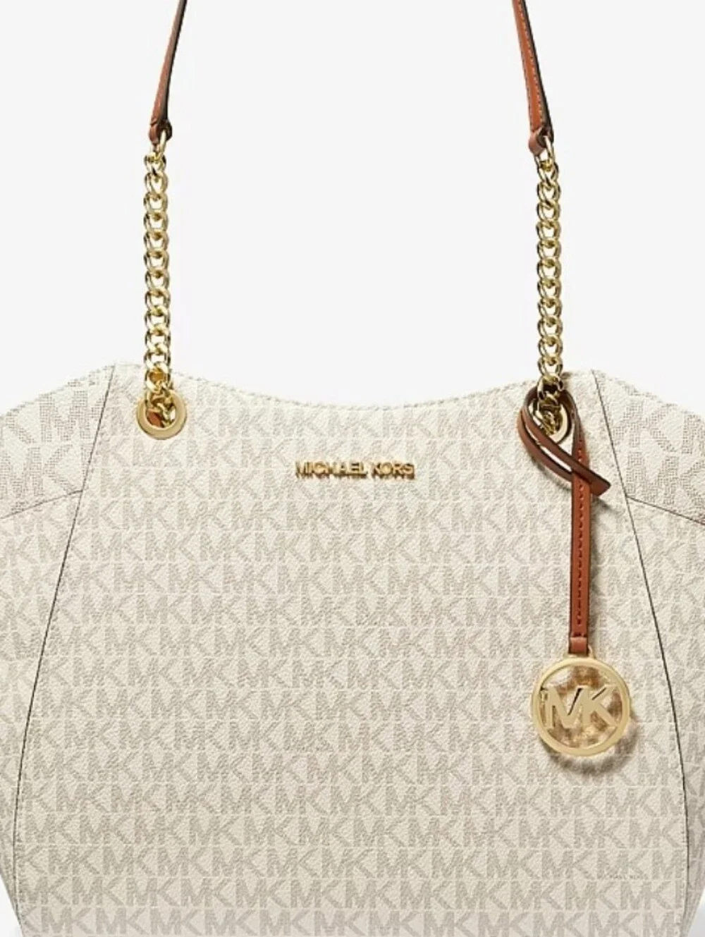 Michael Kors Cream Signature Logo Tote with Brown Trim and Gold Hardware